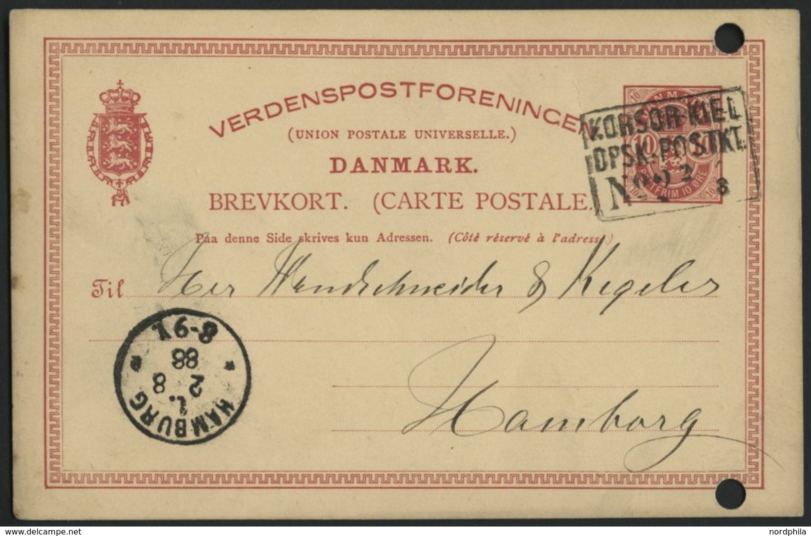 DEUTSCHE SCHIFFSPOST KORSØR-KIEL No. 2, R3 Auf Dänischer Ganzsachenkate (1888) Nach Hamburg, Gelocht Sonst Pracht - Schiffahrt