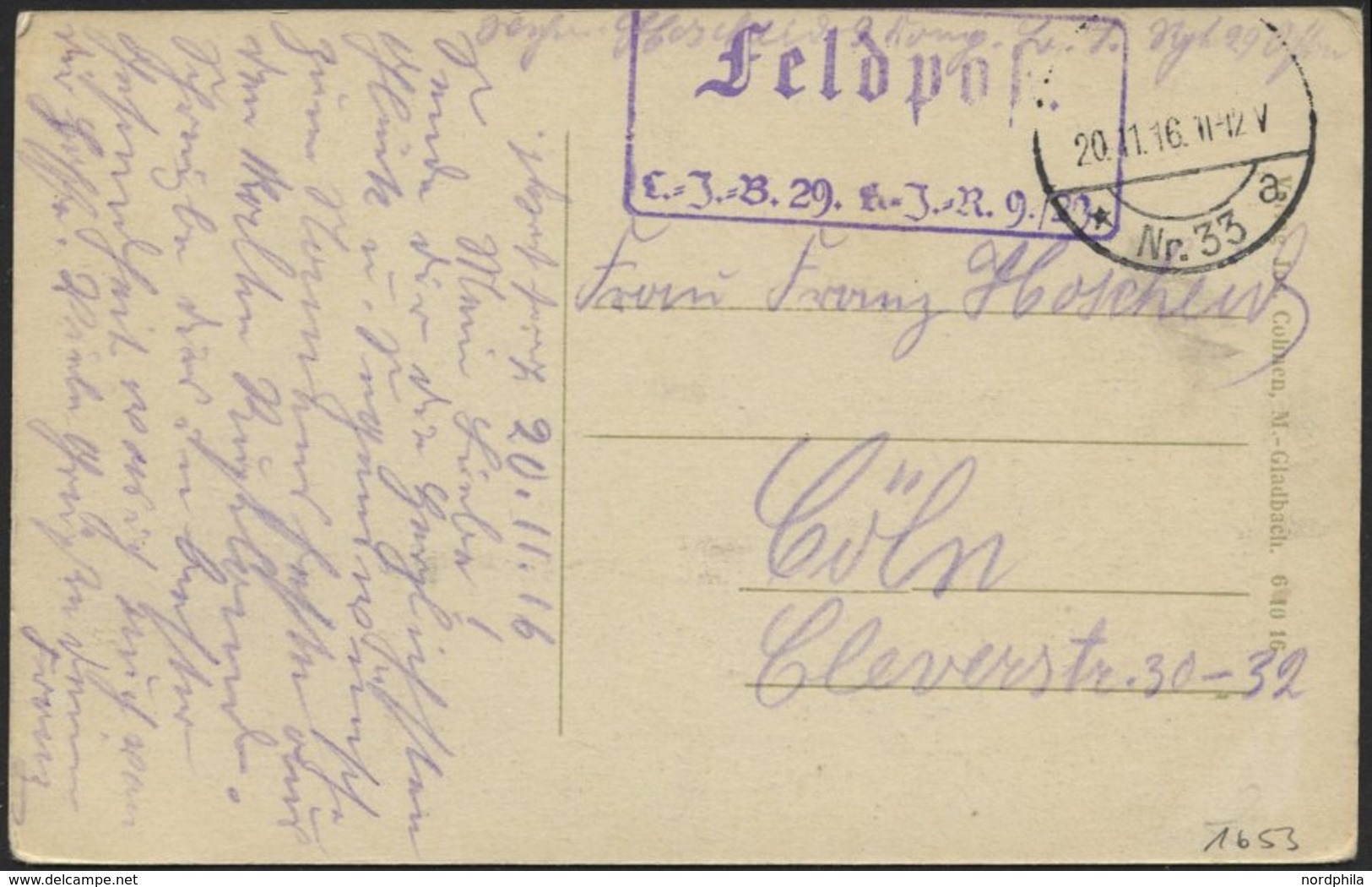 DT. FP IM BALTIKUM 1914/18 K.D. FELDPOSTSTATION NR. 33 * A, 20.11.16, Auf Ansichtskarte (Tuckum) Nach Cöln, Mit Truppens - Latvia
