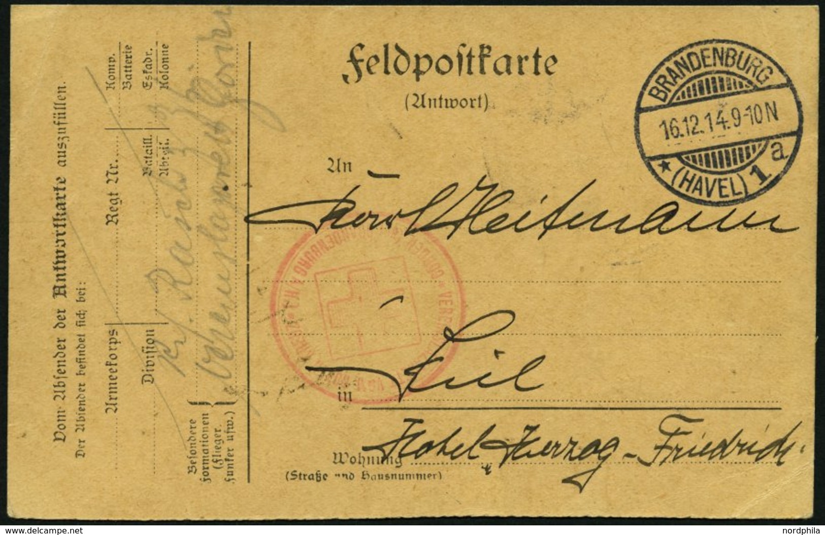 FELDPOST I.WK 1914 Feldpostkarte Aus Dem Rotkreuz-Vereinslazarett Görden Bei Brandenburg Nach Kiel, Mit Rotem Lazarettst - Occupation 1914-18