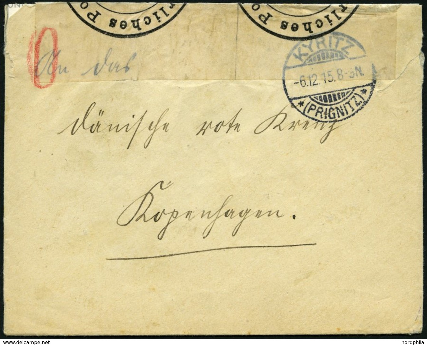 FELDPOST I.WK 1915, Brief Aus KYRITZ An Das Dänsische Rote Kreuz In Kopenhagen, Rückseitiger Violetter Zensurstempel (R4 - Besetzungen 1914-18