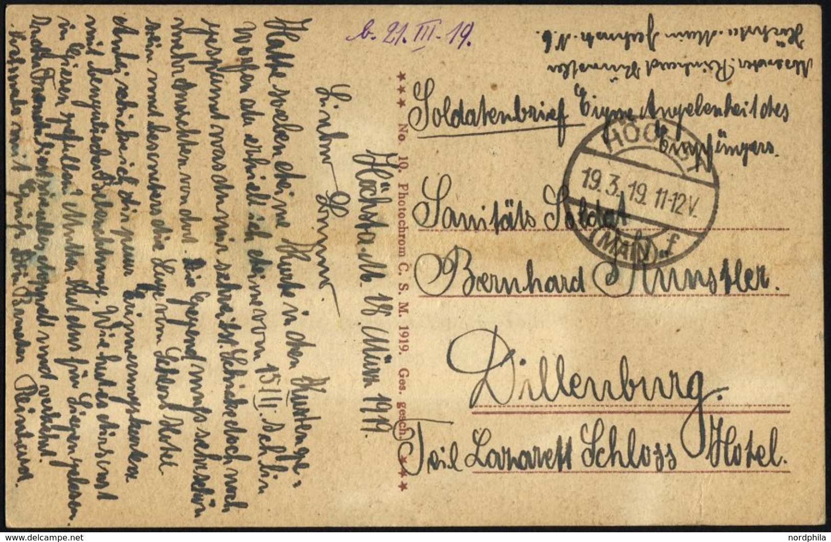 FELDPOST I.WK 1919, Soldatenpost-Ansichtskarte Soldatenbrief Eigene Angelegenheit Des Empfängers Aus Höchst An Einen San - Besetzungen 1914-18