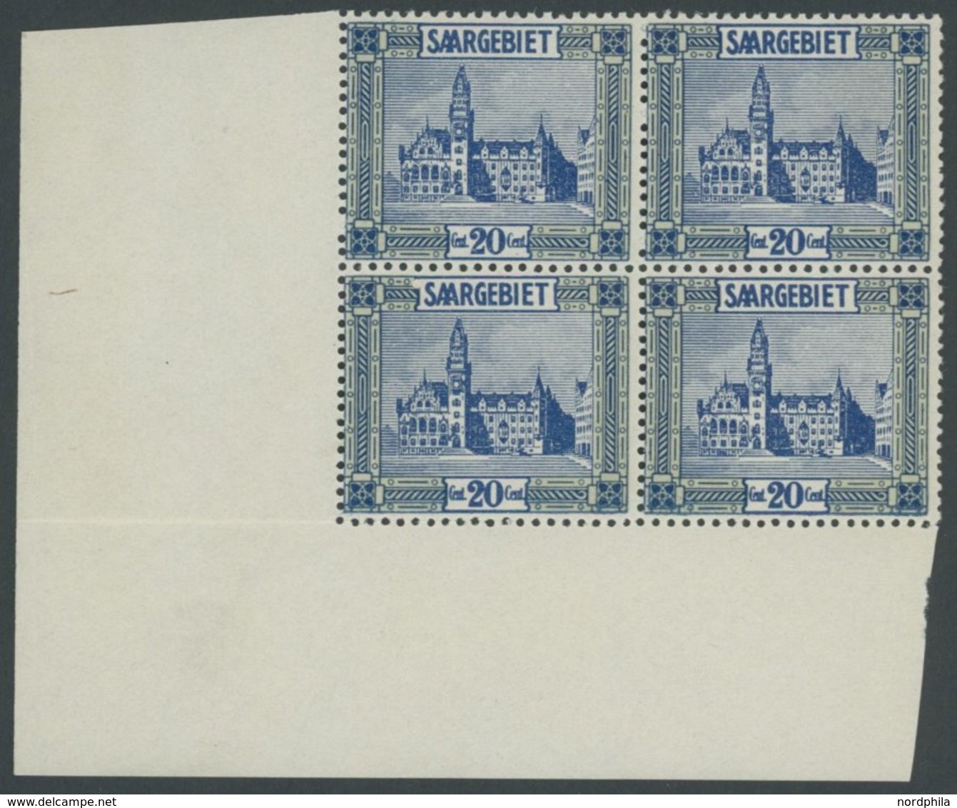 SAARGEBIET 88 VB **, 1922, 20 C. Neues Rathaus Im Linken Unteren Eckrandviererblock, Pracht, Mi. (200.-) - Sonstige & Ohne Zuordnung
