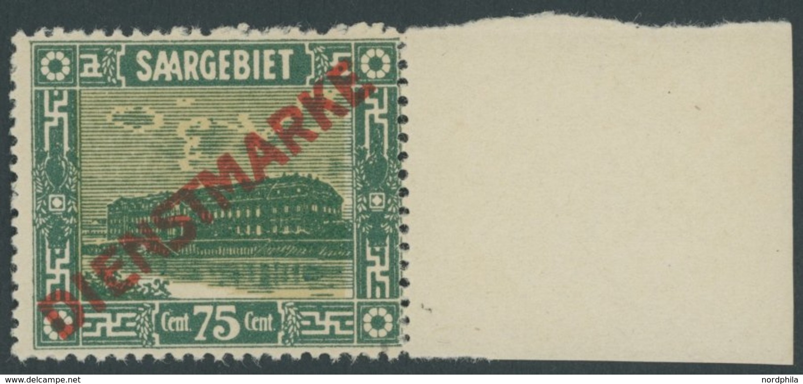 SAARGEBIET D 10 **, 1922, 75 C. Steingutfabrik, Rechtes Randstück, Postfrisch, Pracht, Mi. 100.- - Servizio