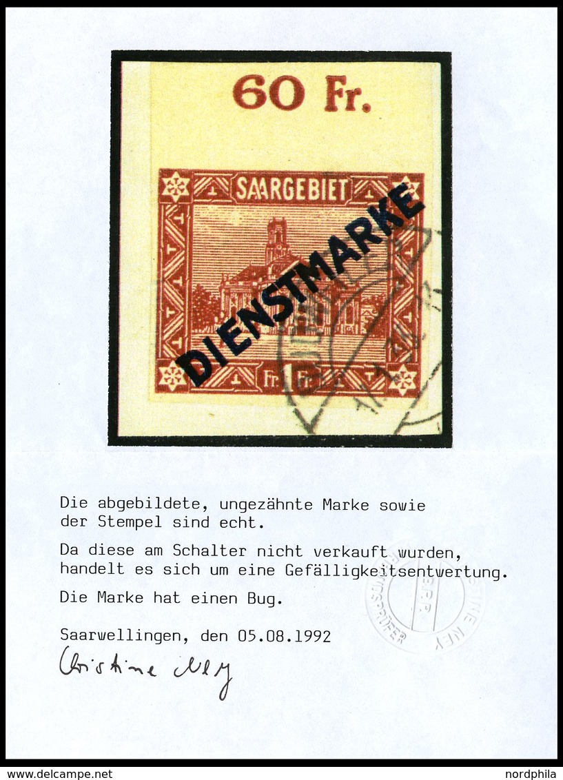 SAARGEBIET D 11IU BrfStk, 1922, 1 Fr. Diagonaler Aufdruck, Type I, Oberrandstück, Ungezähnt, Mit Rückdatiertem Stempel,  - Dienstmarken