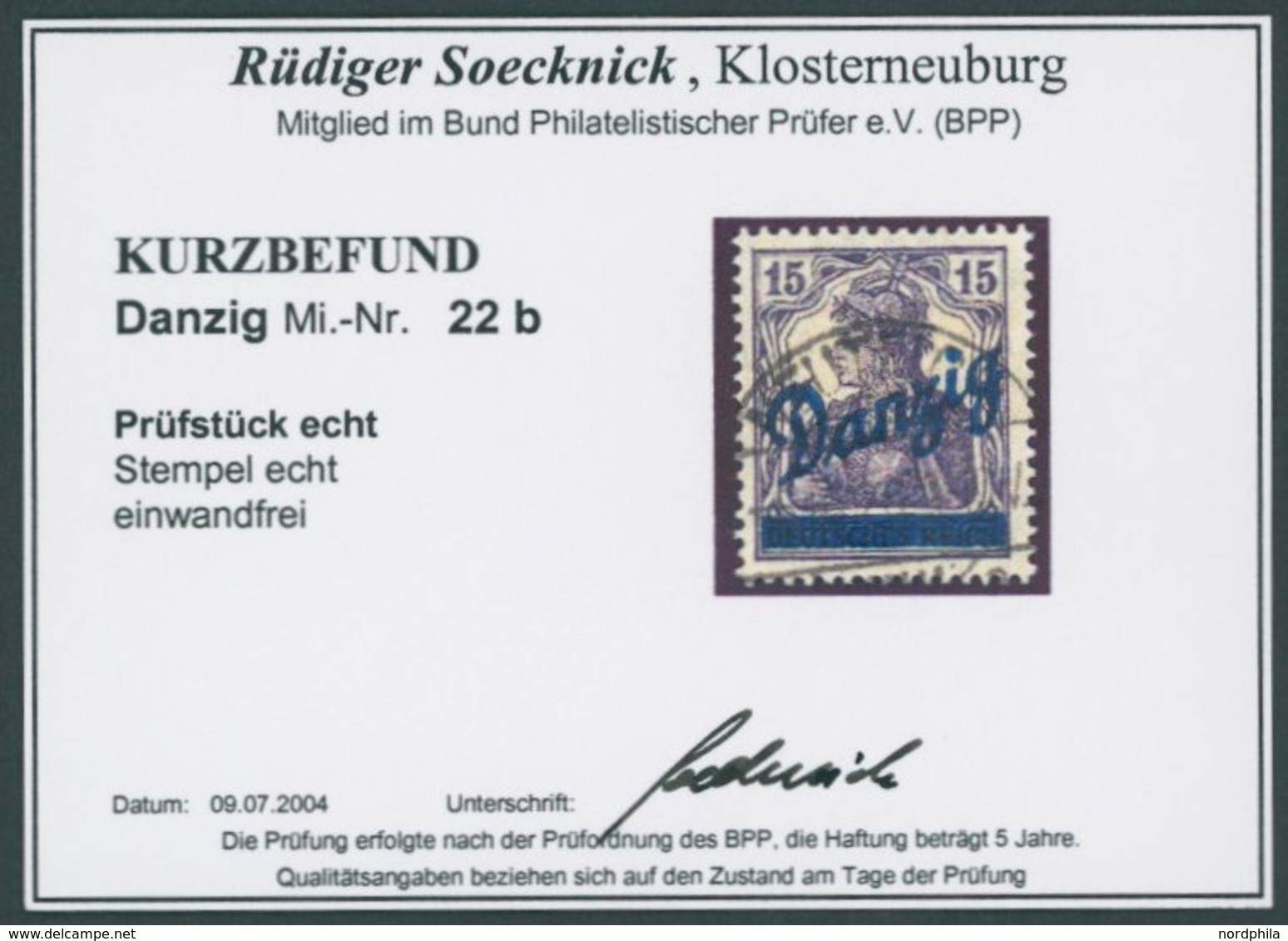 FREIE STADT DANZIG 22b O, 1920, 15 Pf. Schwarzbraunviolett, Zeitgerechte Entwertung, Pracht, Kurzbefund Soecknick, Mi. 3 - Sonstige & Ohne Zuordnung