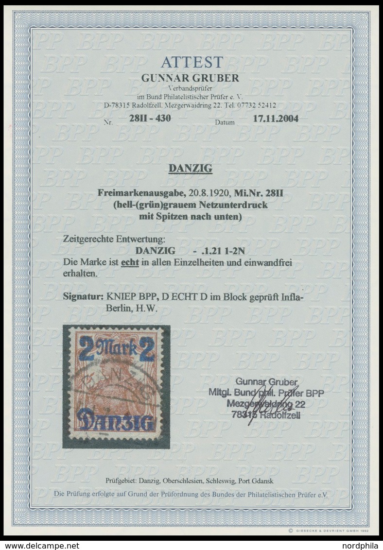 FREIE STADT DANZIG 28II O, 1920, 2 M. Auf 35 Pf., Hellgrauer Netzunterdruck, Spitzen Nach Unten, Zeitgerechte Entwertung - Sonstige & Ohne Zuordnung