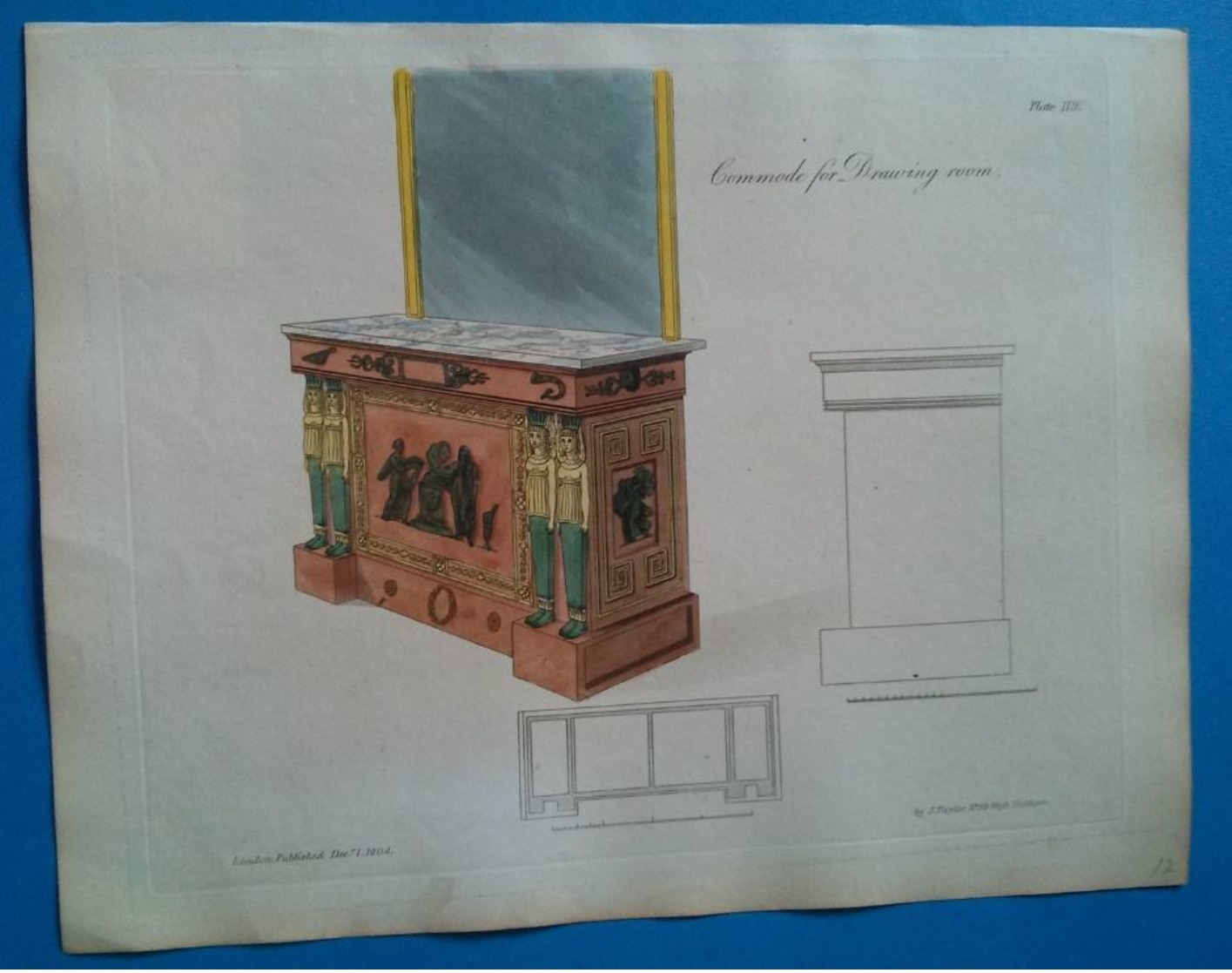 Commode For Drawing Room, Gravure Ancienne Aquarellée Publié En 1804. - Stampe & Incisioni