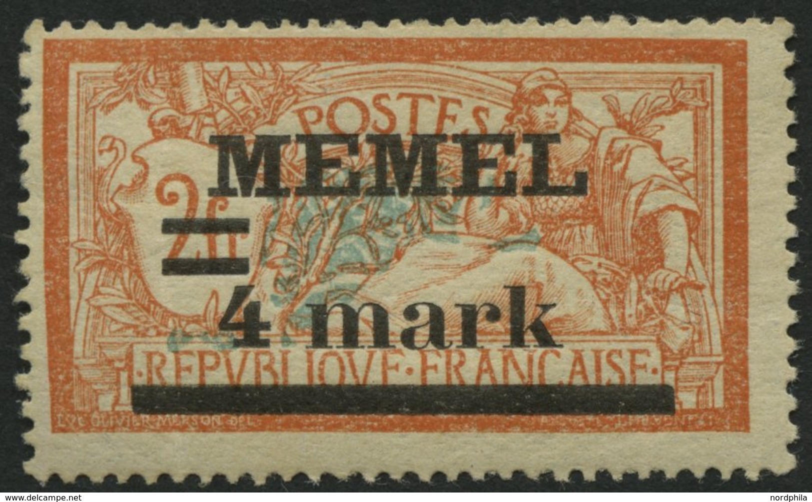 MEMELGEBIET 31yIPF Ia **, 1920, 4 M. Auf 2 Fr. Rötlichorange/hellgrünlichblau, Type I, Mit Abart Querbalken Der 4 Verdic - Memelgebiet 1923