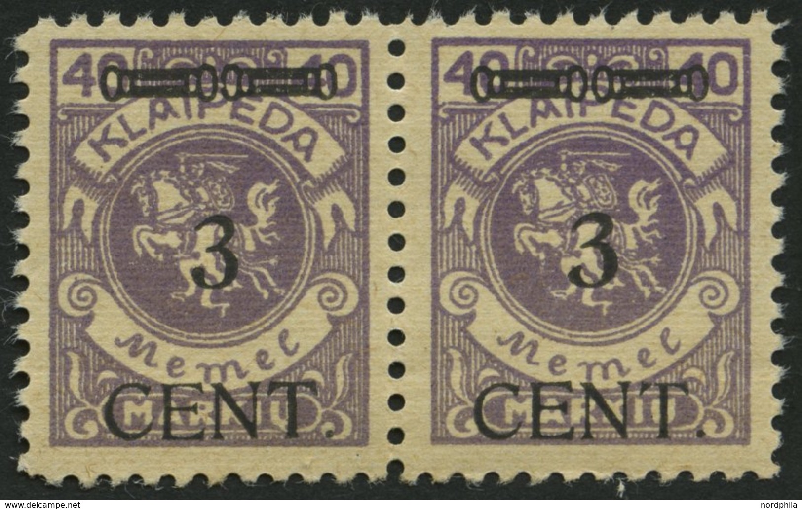 MEMELGEBIET 178W1 **, 1923, 3 C. Auf 40 M. Lebhaftgrauviolett, Type II Und I Zusammen Im Waagerechten Paar, Postfrisch,  - Memelgebiet 1923