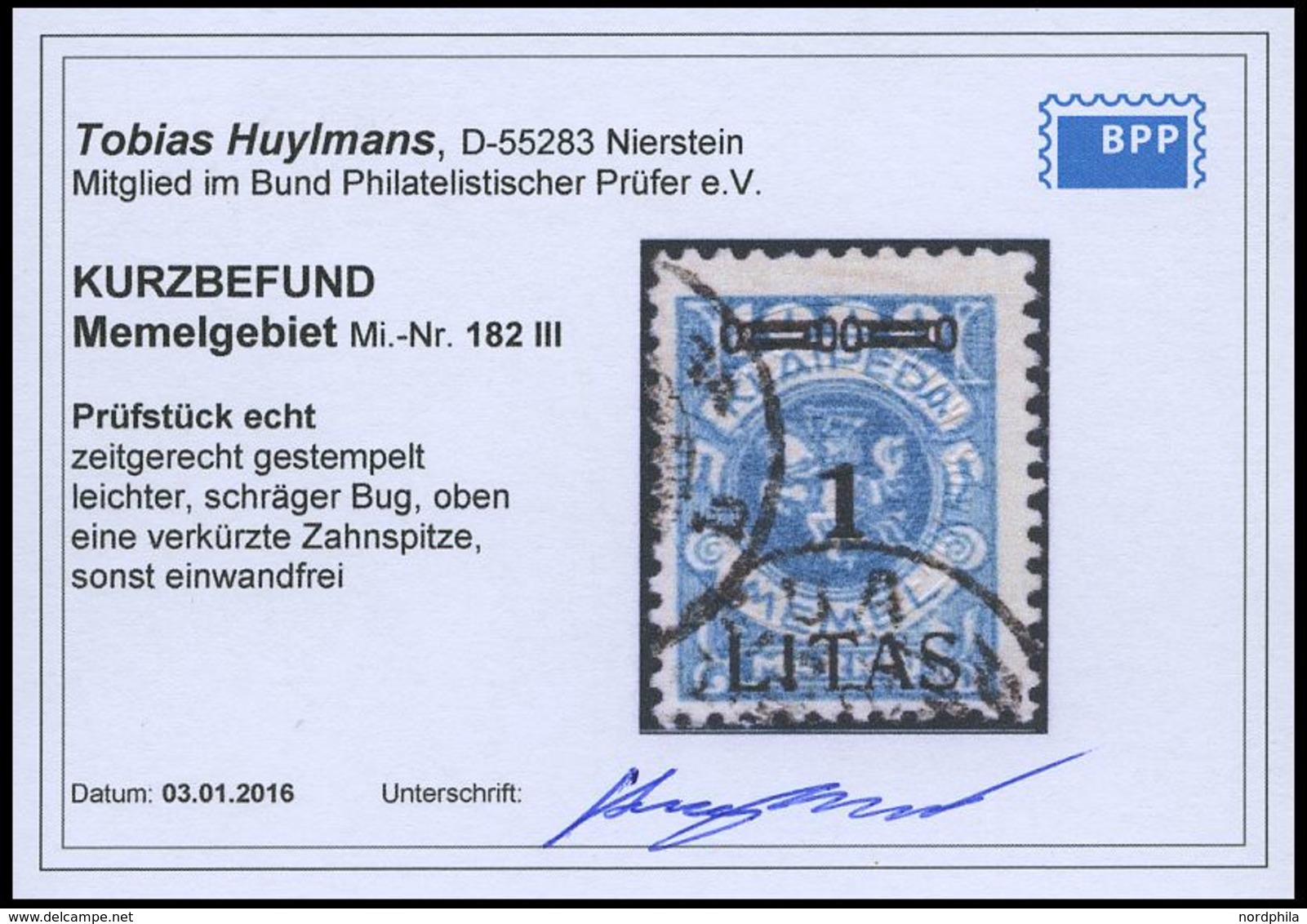 MEMELGEBIET 182III O, 1923, 1 L. Auf 1000 M. Grünlichblau, Type III, Feinst, Kurzbefund Huylmans - Memelgebiet 1923