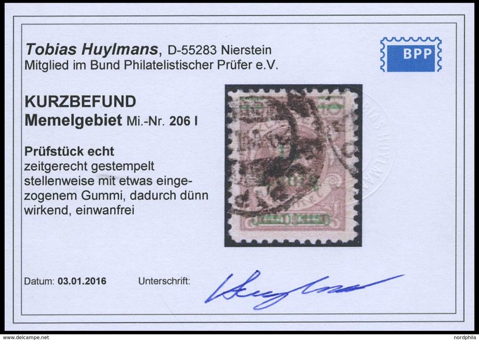 MEMELGEBIET 206I O, 15 C. Auf 10 M. Hellbraun, Type I, Feinst, Kurzbefund Huylmans, Mi. 300.- - Memelgebiet 1923