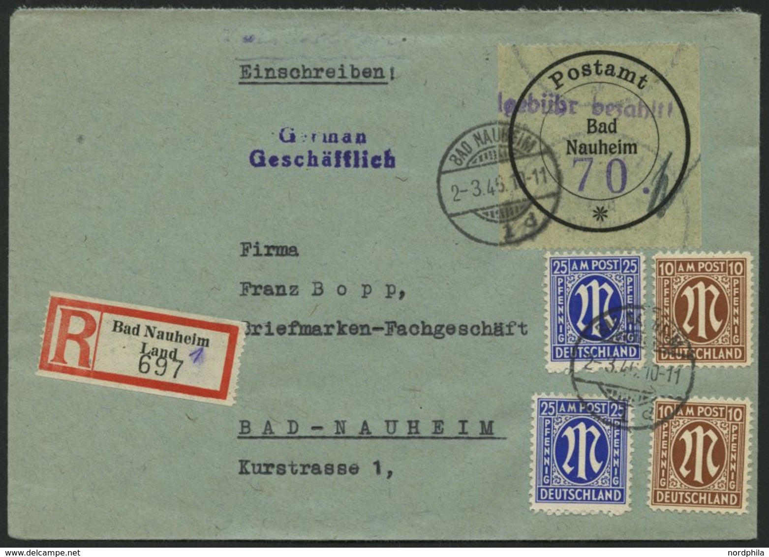 BAD NAUHEIM A 3 BRIEF, 1946, 70 Pf. Schwarz/violett Mit 70 Pf. AM-Post Zusatzfrankatur Auf Orts-Einschreibbrief, Pracht, - Privatpost