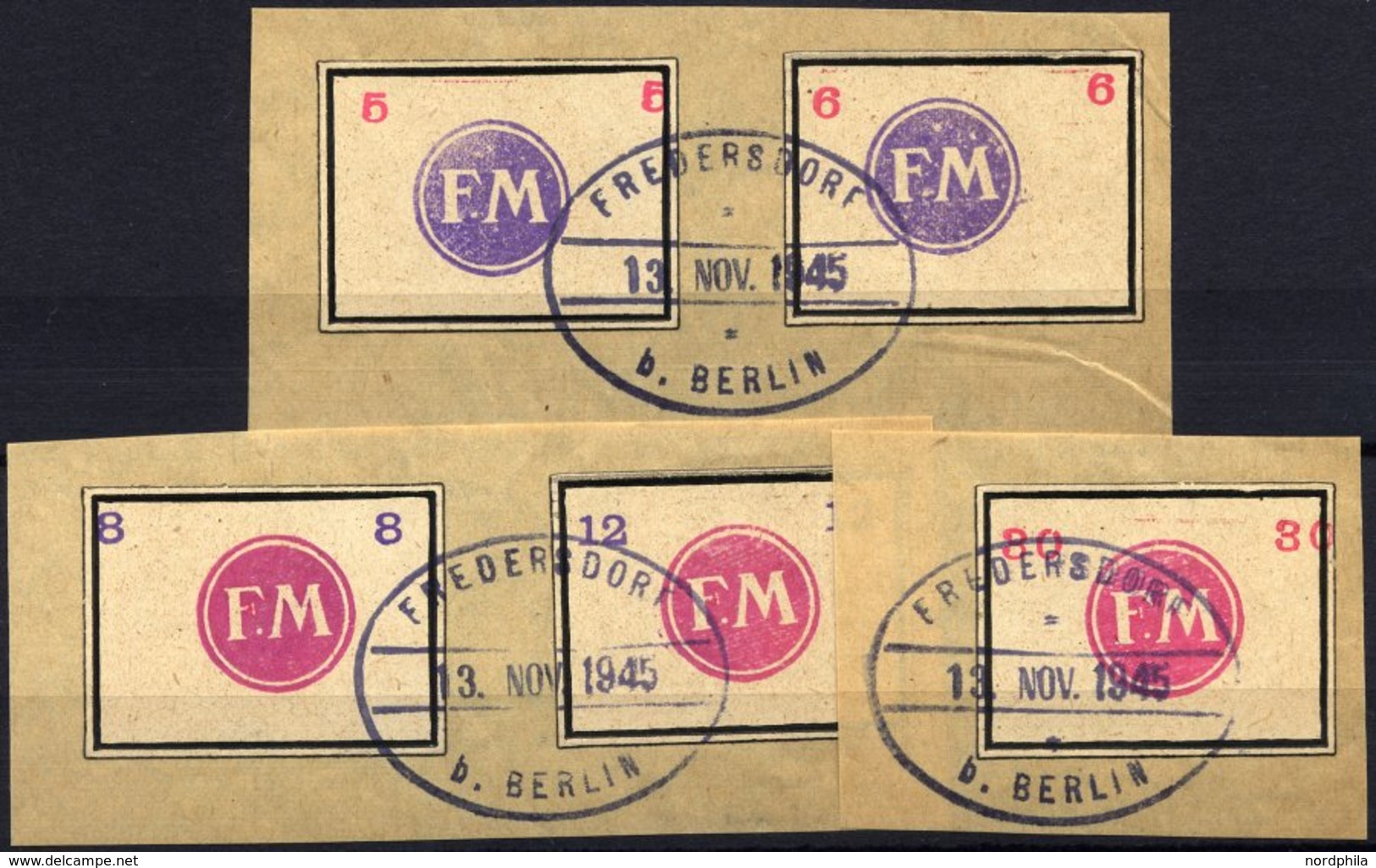 FREDERSDORF Sp 246-50 BrfStk, 1945, 5 - 30 Pf., Rahmengröße 38x28 Mm, Kleine Wertziffern, Prachtsatz Auf Briefstücken, A - Privatpost