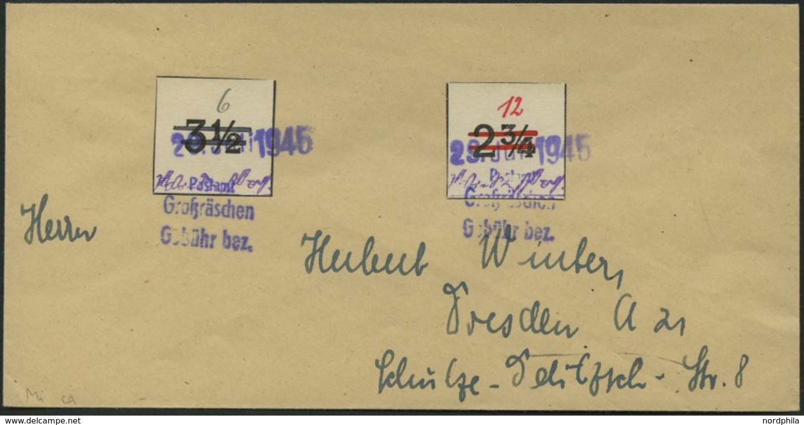 GROSSRÄSCHEN-VORLÄUFER V 22IU,V 26U BRIEF, 1945, 6 Pf. Wertziffer Schwarz Statt Rot, Ungezähnt, Mit 12 Pf. Rot, Ungezähn - Private & Local Mails