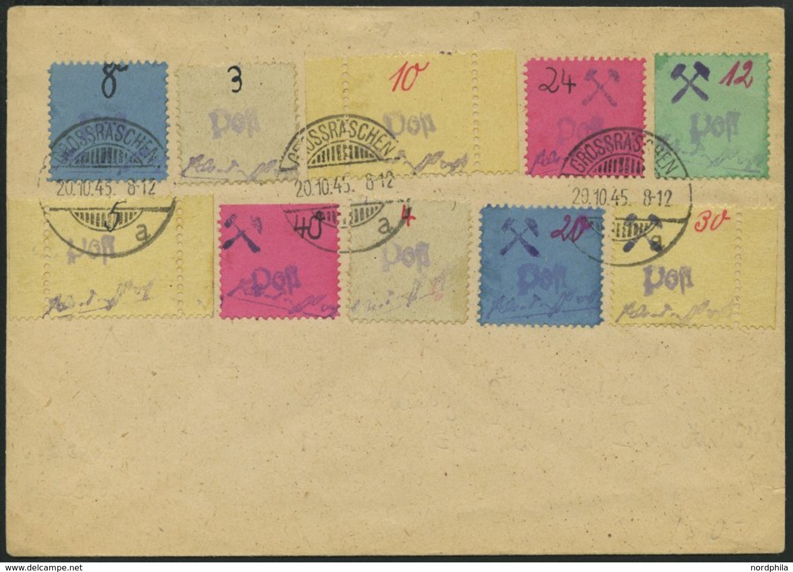 GROSSRÄSCHEN 3S,6S,10S BRIEF, 1945, 5, 10 Und 30 Pf. Gebührenmarken Aus Streifen Mit Anderen Werten Auf Umschlag, Pracht - Privatpost