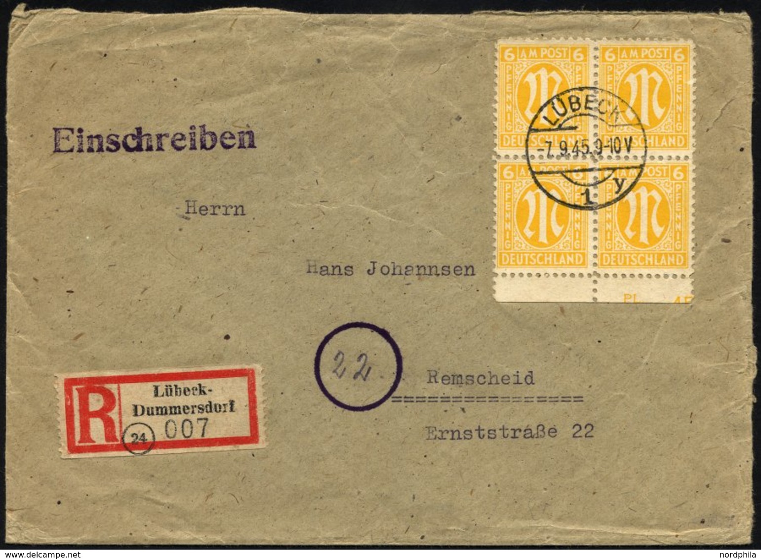 HAMBURG 2 BRIEF, 1945, R-Zettel Lübeck-Dummersdorf Als 30 Pf.-Marke Verwendet, Brief Mit Viererblock 6 Pf. AM-Post Mit T - Privatpost