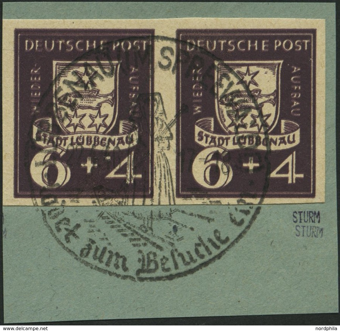 LÜBBENAU 2BDD Paar BrfStk, 1946, 6 Pf. Wiederaufbau, Ungezähnt, Doppeldruck, Im Waagerechten Paar Mit Sonderstempel Auf  - Private & Local Mails