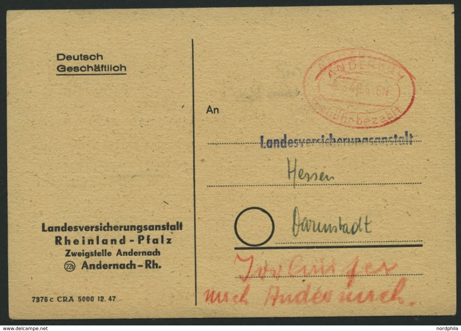 ALL. BES. GEBÜHR BEZAHLT ANDERNACH Gebühr Bezahlt, 18.3.48, Roter Elipsenstempel, Prachtkarte - Sonstige & Ohne Zuordnung