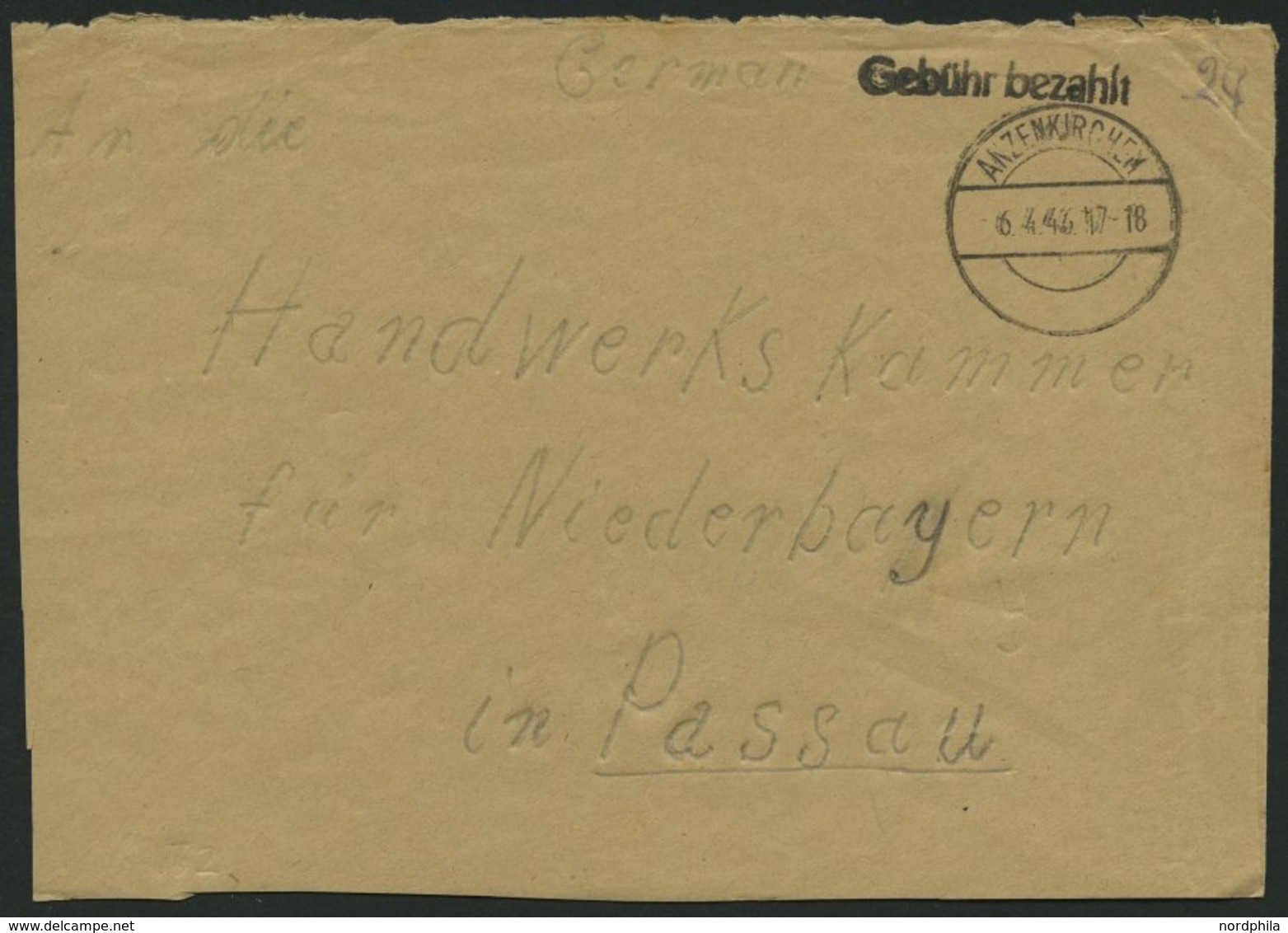 ALL. BES. GEBÜHR BEZAHLT ANZENKIRCHEN, 6.4.46, R1 Gebühr Bezahlt, Handschriftlich 24, Brief Feinst - Sonstige & Ohne Zuordnung