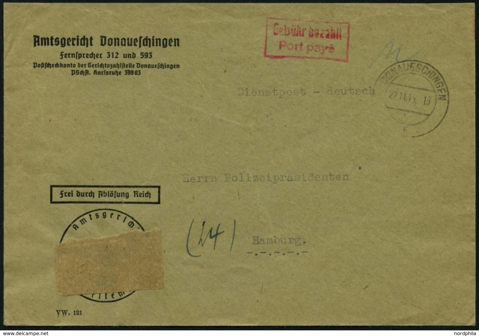 ALL. BES. GEBÜHR BEZAHLT DONAUESCHINGEN, 22.11.45, Roter R2 Gebühr Bezahlt Port Paye, Dienstbrief Pracht - Sonstige & Ohne Zuordnung