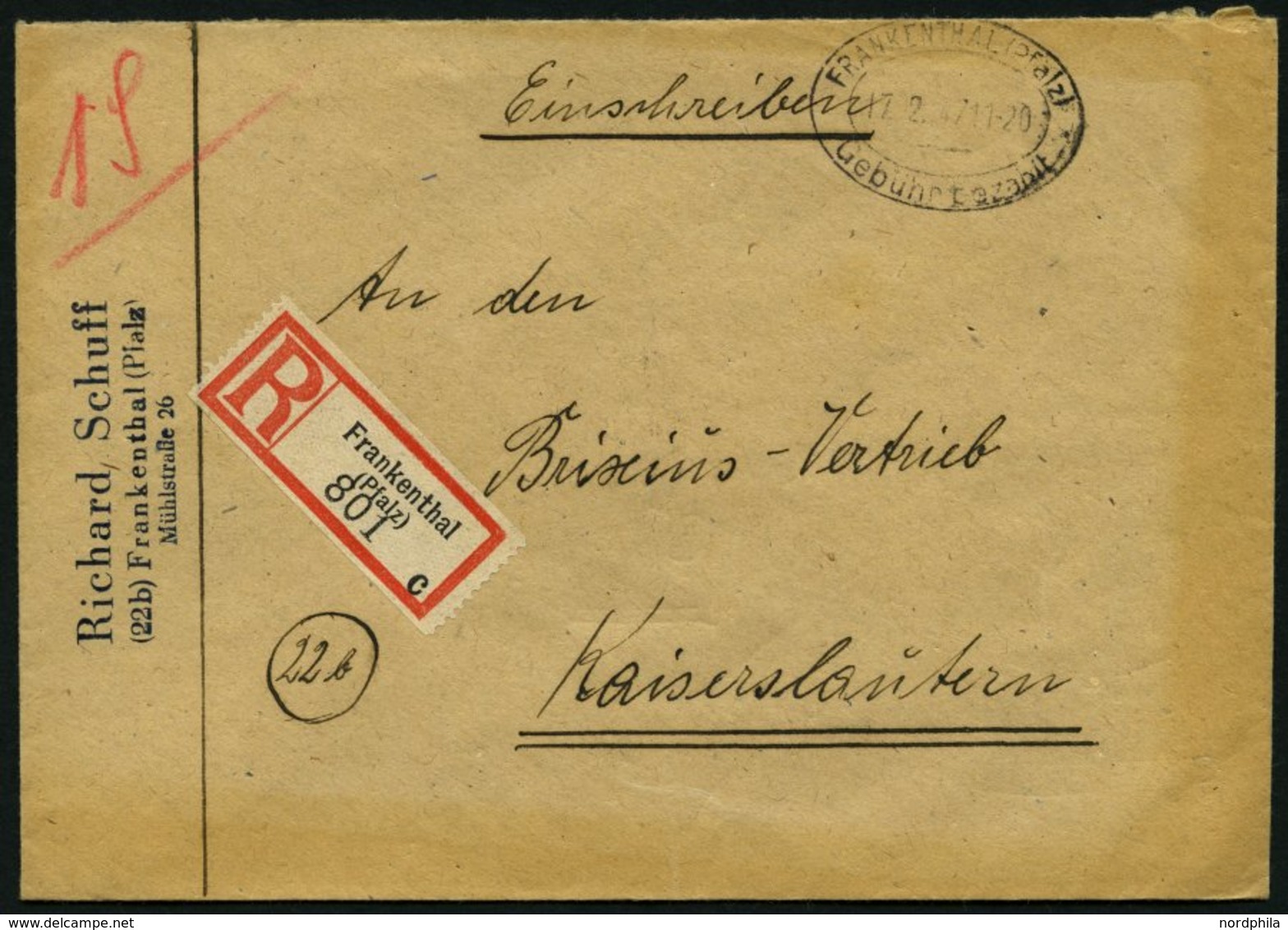 ALL. BES. GEBÜHR BEZAHLT FRANKENTHAL (PFALZ), 17.2.47, Schwarzer Ellipsenstempel Gebühr Bezahlt Auf Einschreibbrief, Pra - Sonstige & Ohne Zuordnung