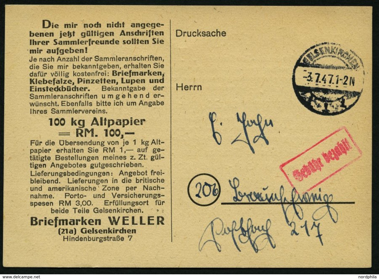 ALL. BES. GEBÜHR BEZAHLT GELSENKIRCHEN, 3.7.47, Roter R1 Gebühr Bezahlt, Werbekarte, Pracht - Sonstige & Ohne Zuordnung