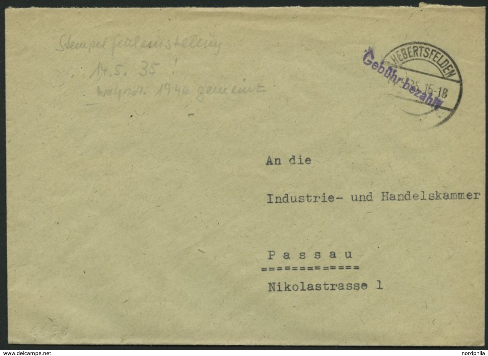 ALL. BES. GEBÜHR BEZAHLT HEBERTSFELDEN, 14.5.35 (Stempeldatum Falsch Eingestellt, Wohl 1945 Gemeint), L1 Gebühr Bezahlt, - Sonstige & Ohne Zuordnung