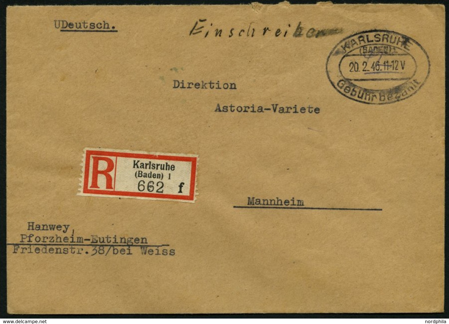 ALL. BES. GEBÜHR BEZAHLT KARLSRUHE, 20.2.46, Schwarzer Ellipsenstempel Gebühr Bezahlt Auf Einschreibbrief, Pracht - Sonstige & Ohne Zuordnung