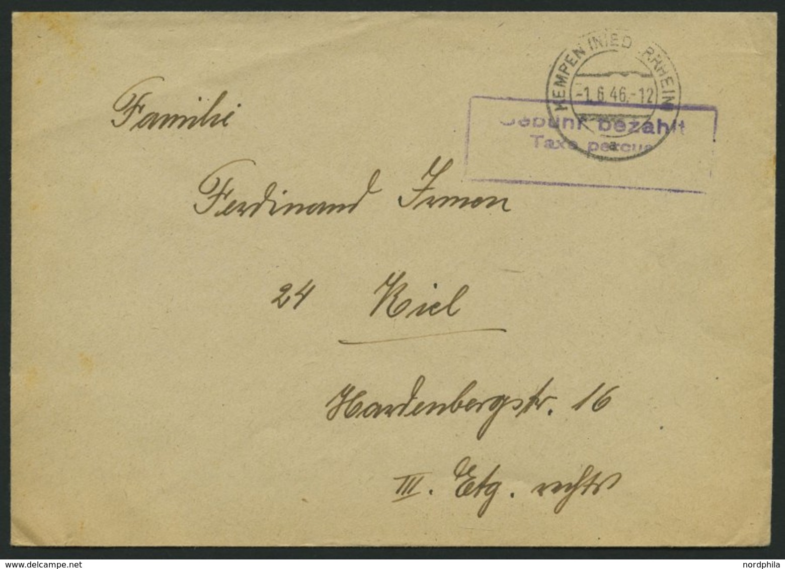 ALL. BES. GEBÜHR BEZAHLT KEMPEN (NIEDERRHEIN), 1.6.46, Violetter R2 Gebühr Bezahlt/Taxe Percue, Brief Feinst - Sonstige & Ohne Zuordnung