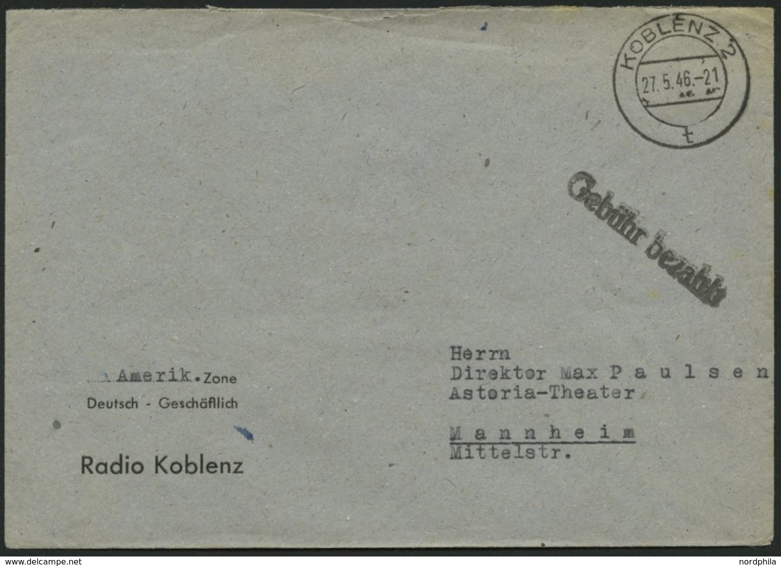 ALL. BES. GEBÜHR BEZAHLT KOBLENZ 2, 27.5.46, L1 Gebühr Bezahlt, Prachtbrief - Sonstige & Ohne Zuordnung