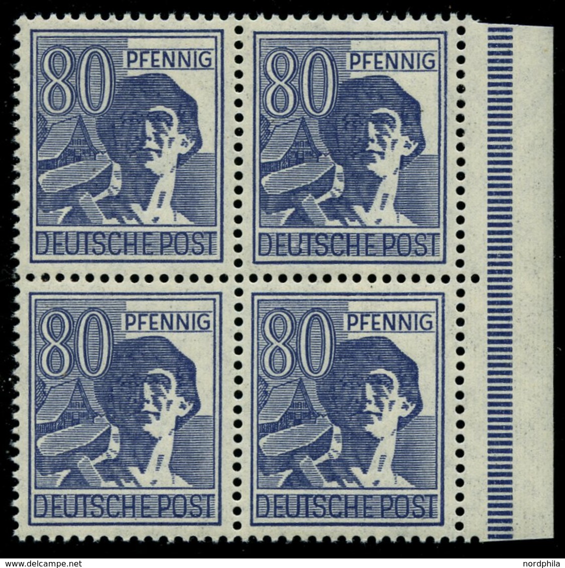 ALLIIERTE BES. 957III **, 1947, 80 Pf. Blau Mit Abart Weiße Flecke Im Und Rechts Neben U In Deutsche, Im Randviererblock - Sonstige & Ohne Zuordnung