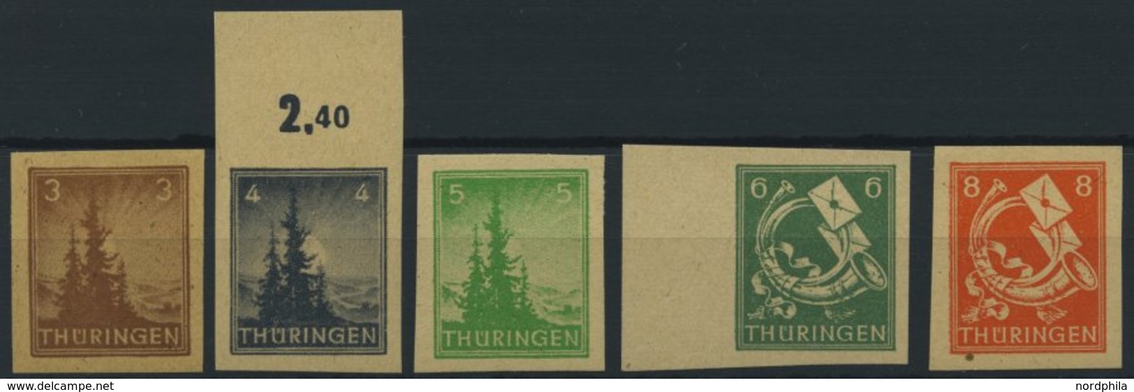 THÜRINGEN 92-97AXU **, 1945, 3 - 12 Pf. Freimarken, Vollgummierung, Ungezähnt, 5 Prachtwerte, Mi. 340.- - Sonstige & Ohne Zuordnung