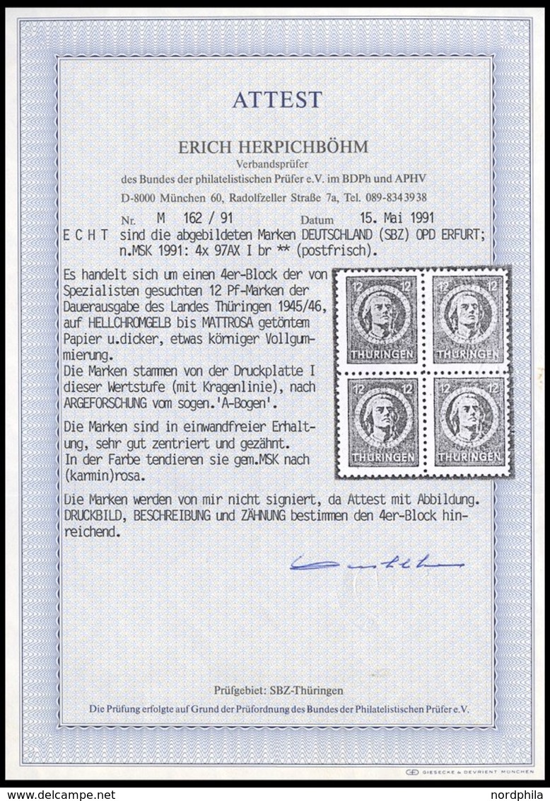 THÜRINGEN 97AXar VB **, 1945, 12 Pf. Karminrot, Vollgummierung, Hellchromgelbes Papier, Dicke Gummierung, Type I, Im Vie - Sonstige & Ohne Zuordnung