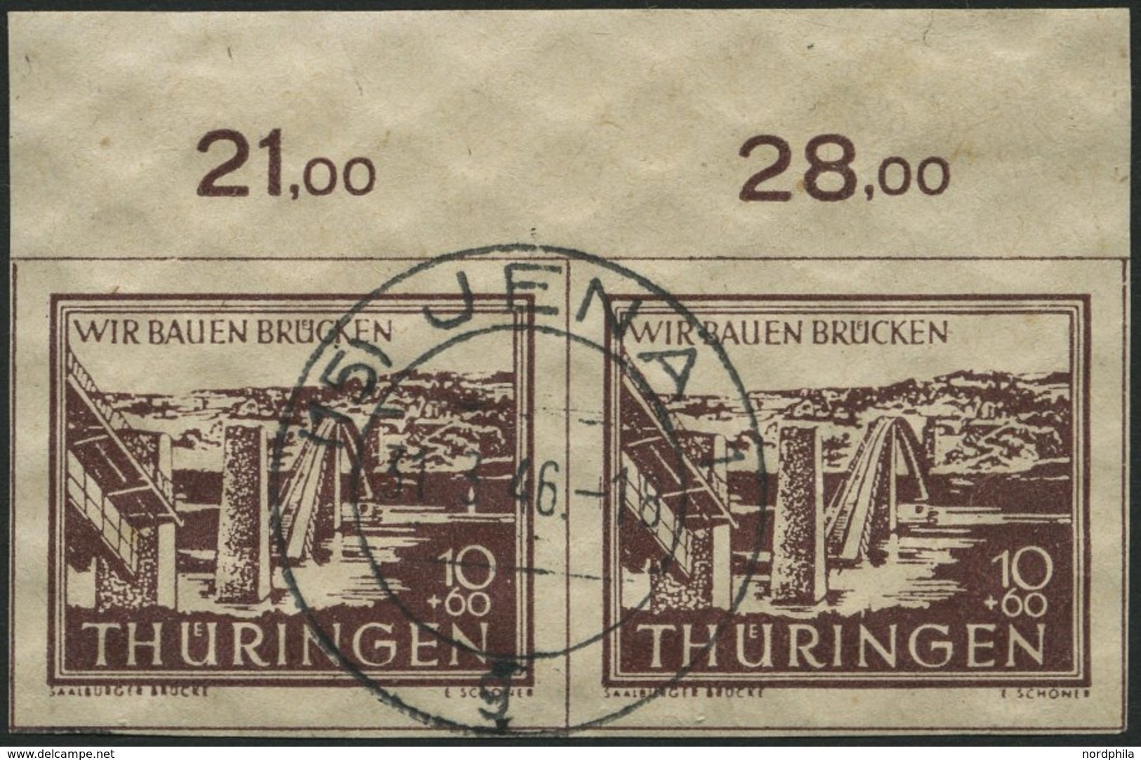 THÜRINGEN 112yI O, 1946, 10 Pf. Wiederaufbau Mit Abart Springbrunnen über Wertangabe (Feld 3), Im Oberrandpaar Mit Norma - Sonstige & Ohne Zuordnung