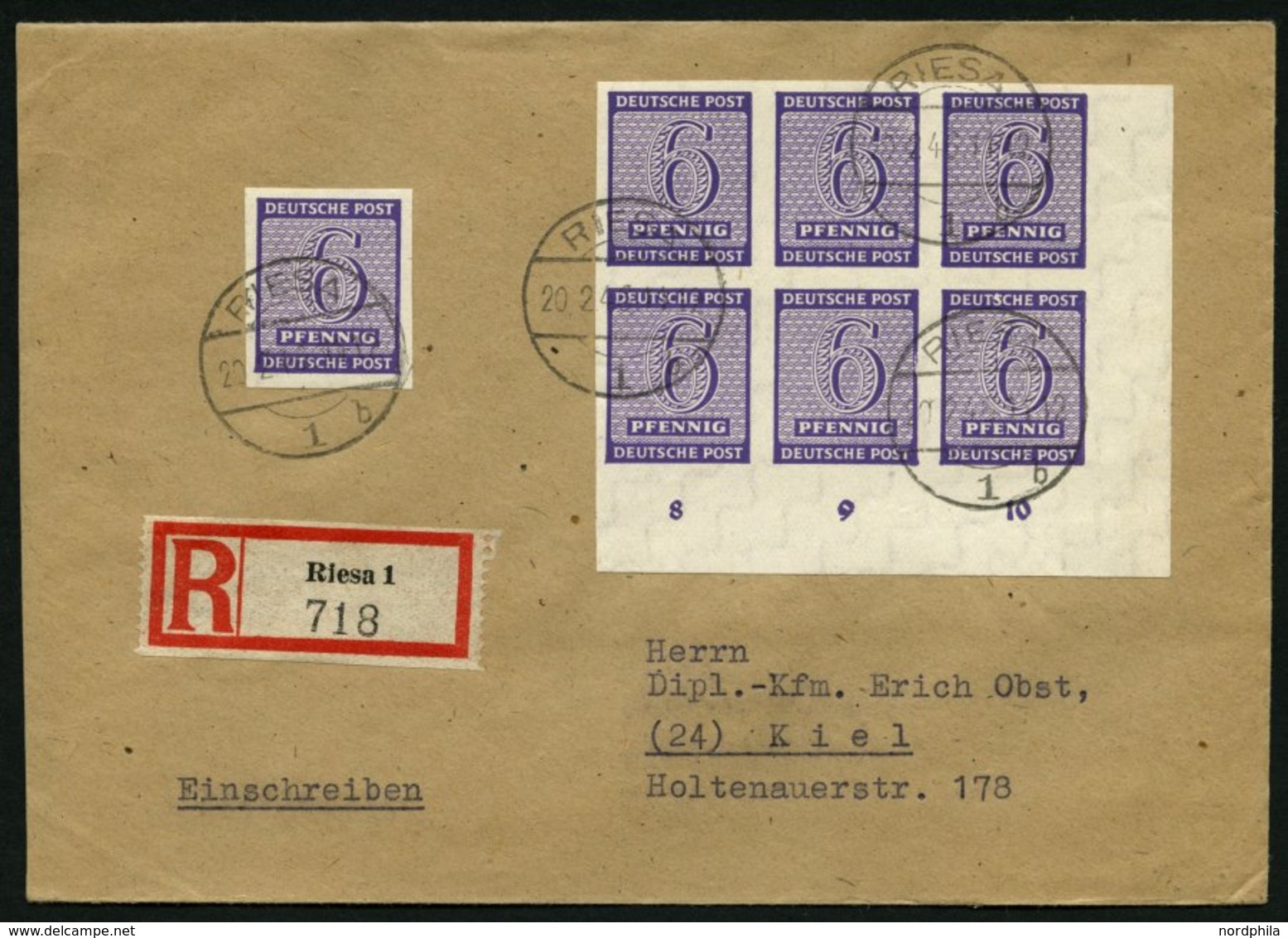 WEST-SACHSEN 117Xa BRIEF, 1945, 6 Pf. Grauviolett, Wz.1X, Sechserblock Und Einzelmarke Als Mehrfachfrankatur Auf Einschr - Sonstige & Ohne Zuordnung