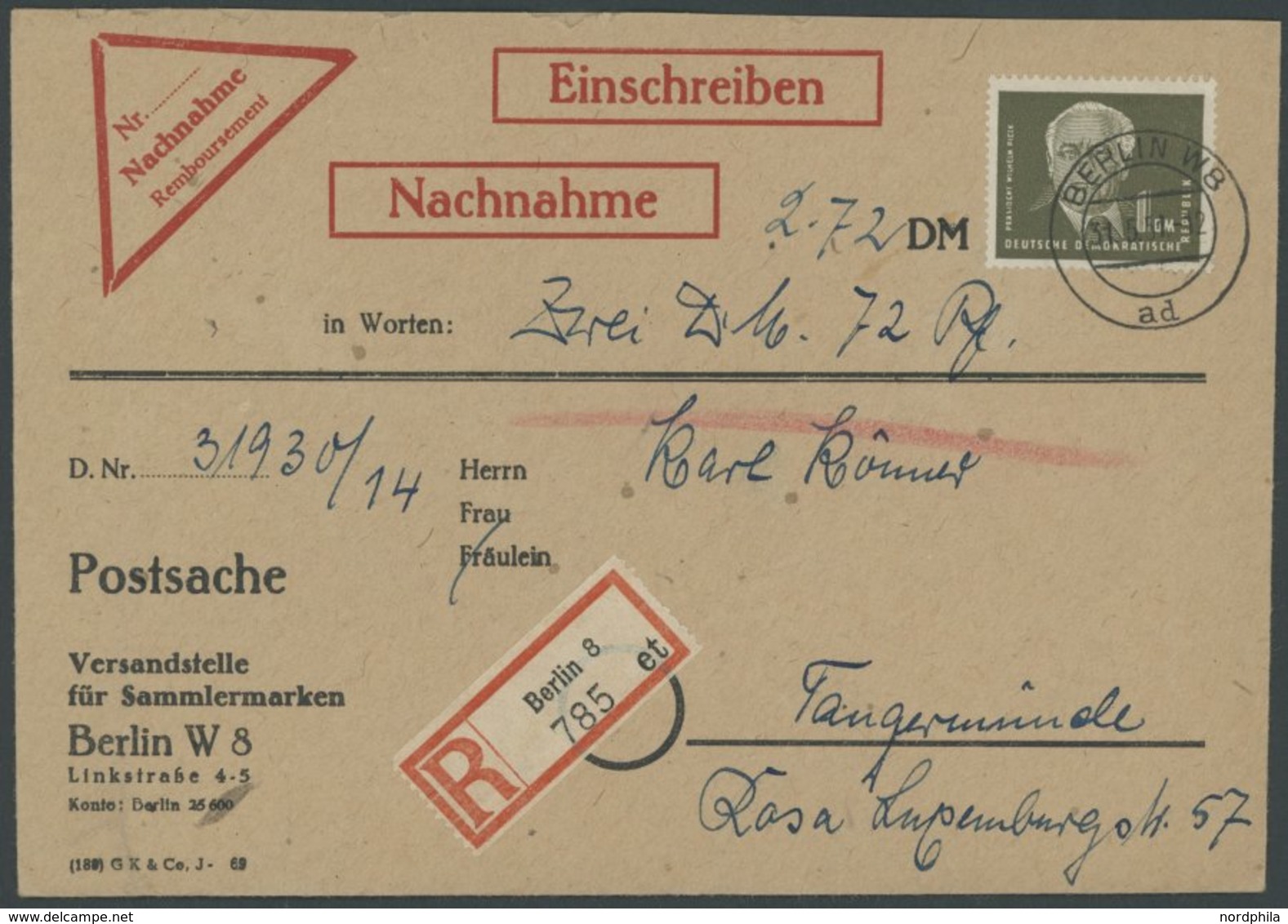 DDR 253,276DV 1 BRIEF, 1951, Nachnahme-Einschreibbrief Mit 1 DM Pieck Und Rückseitigem Achterblock 6 Pf. Frieden Mit Dru - Sonstige & Ohne Zuordnung