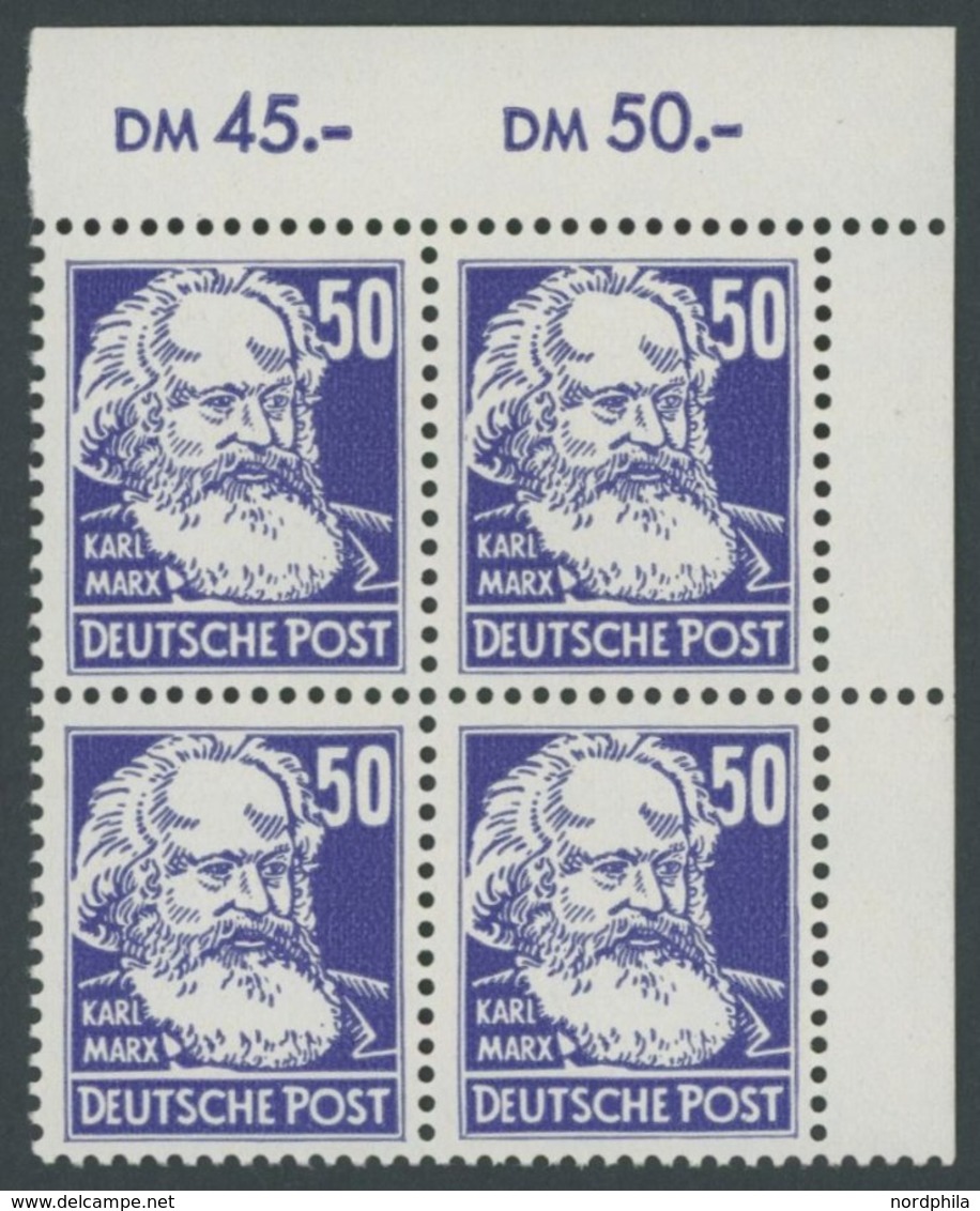 DDR 337 VB **, 1952, 50 Pf. Marx Im Rechten Oberen Eckrandviererblock, Postfrisch, Pracht, Mi. (129.-) - Sonstige & Ohne Zuordnung