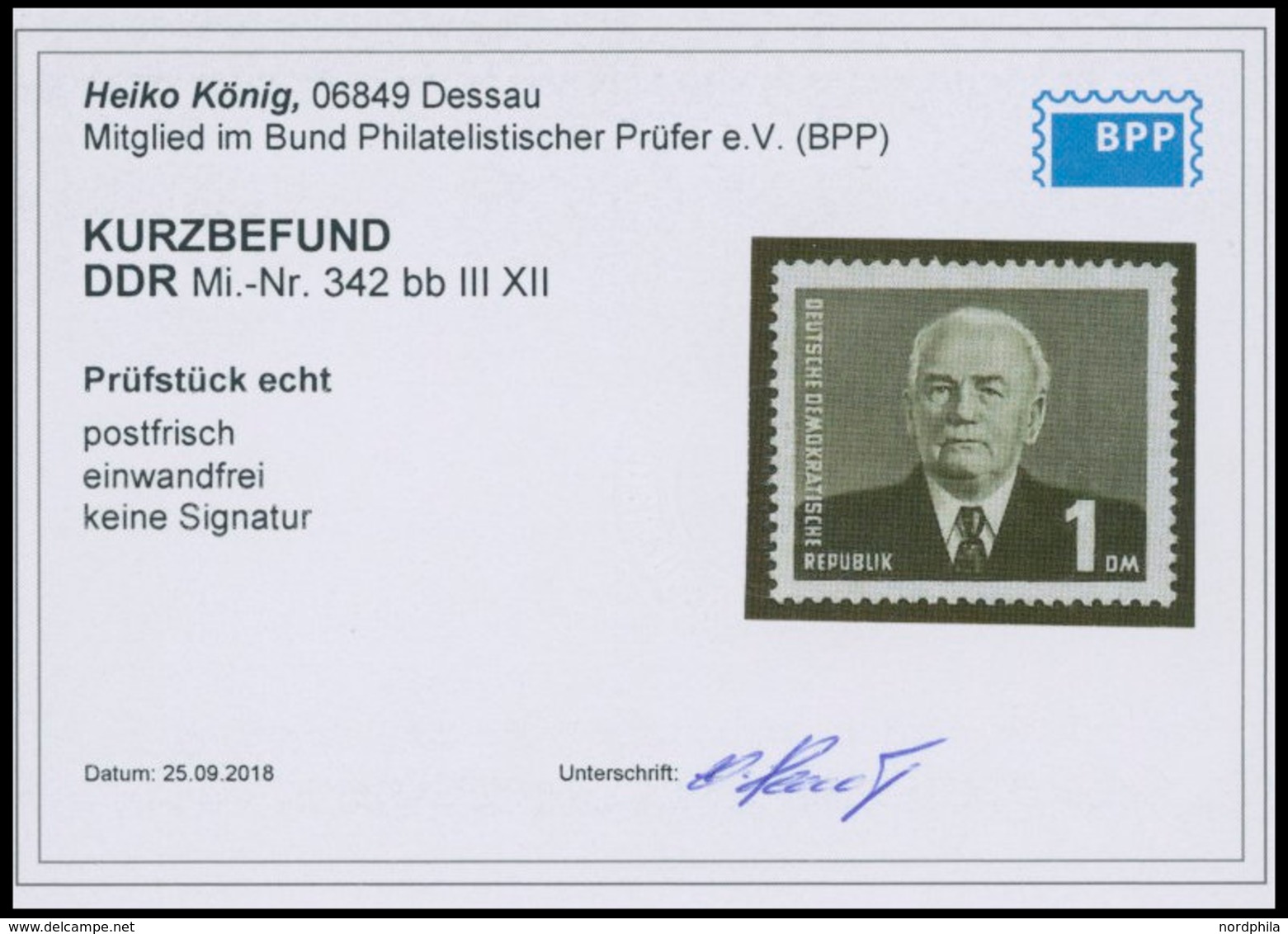 DDR 342bbIIIXII **, 1955, 1 DM Schwarzviolett Pieck, Type III, Wz. 2XII, Postfrisch, Pracht, Kurzbefund König, Mi. 150.- - Sonstige & Ohne Zuordnung