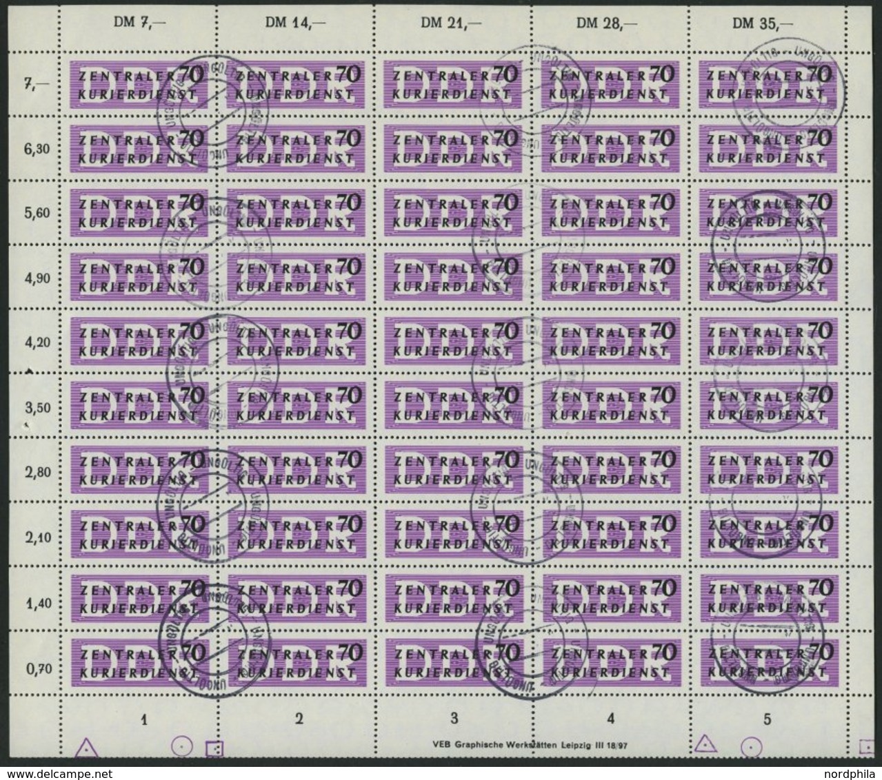 DIENSTMARKEN B D 9 O, 1956, 70 Pf. ZKD Im Vollständigen Bogen (50) Mit Druckvermerk Und Abart 9I, Stempel Ungültig, Prac - Sonstige & Ohne Zuordnung