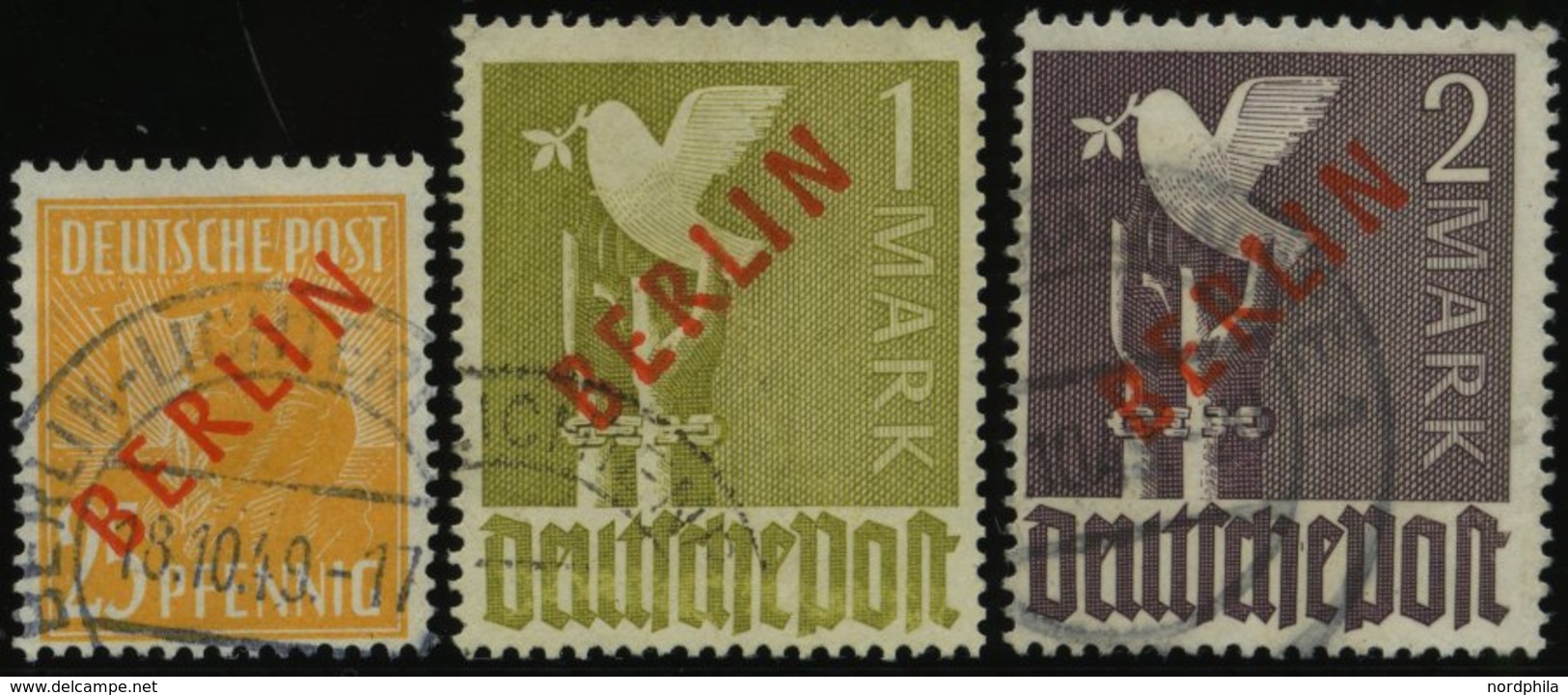 BERLIN 27,33/4 O, 1949, 25 Pf., 1 Und 2 M. Rotaufdruck, 3 Werte üblich Gezähnt Pracht, Gepr. Schlegel, Mi. 885.- - Sonstige & Ohne Zuordnung