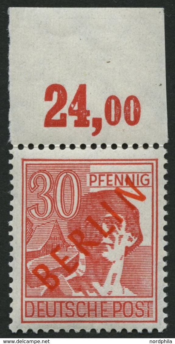 BERLIN 28POR **, 1949, 30 Pf. Rotaufdruck, Plattendruck, Oberrandstück, Nicht Duchgezähnt, Pracht, Gepr. D. Schlegel, Mi - Sonstige & Ohne Zuordnung