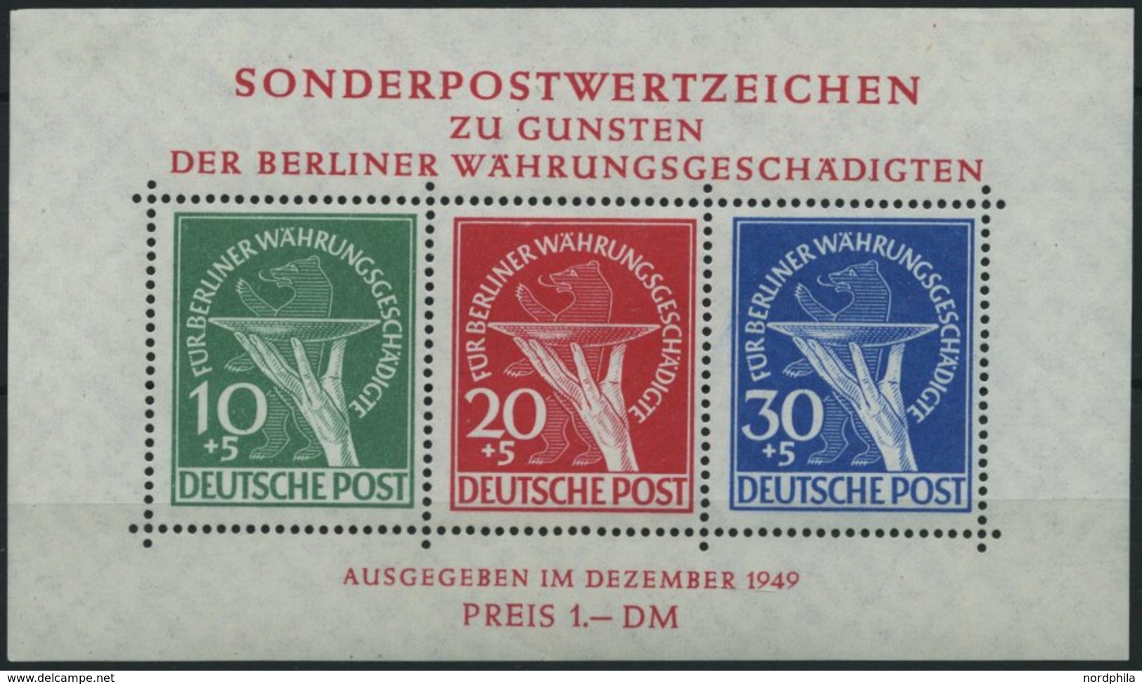 BERLIN Bl. 1III *, 1949, Block Währungsgeschädigte Mit Abart Grüner Punkt Rechts Am Handgelenk, Falzreste Im Rand, Marke - Sonstige & Ohne Zuordnung