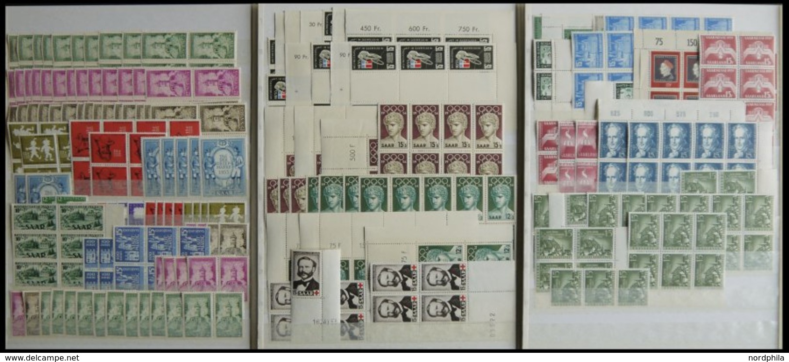 SAMMLUNGEN, LOTS **, Postfrische Dublettenpartie Saarland Von 1949-59, Fast Nur In 4-er Blocks, Viele Randstücke Etc., P - Sonstige & Ohne Zuordnung