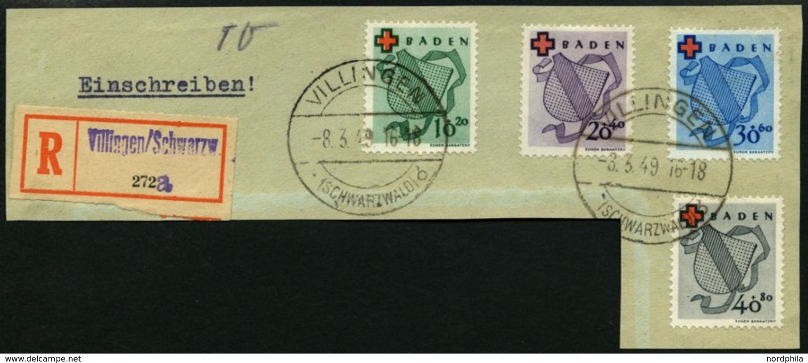 BADEN 42-45 BrfStk, 1949, Rotes Kreuz Auf Einschreibbriefstück Aus VILLINGEN, Pracht, Gepr. Schlegel, Mi. (400.-) - Sonstige & Ohne Zuordnung