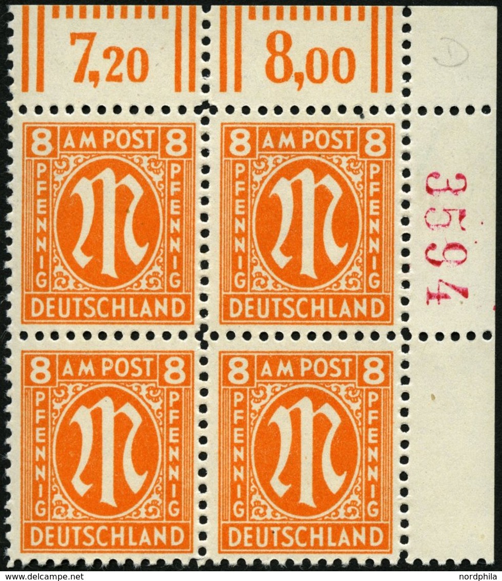 AMERIK. U. BRITISCHE ZONE 21Dr4 VB **, 1945, 8 Pf. Rötlichorange Im Eckrandviererblock, Mit Roter Nummer, 4 Ziffern, Pra - Other & Unclassified