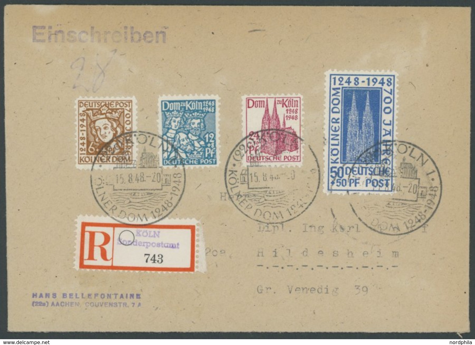 AMERIK. U. BRITISCHE ZONE 69-72 BRIEF, 1948, Kölner Dom, Prachtsatz Auf FDC, Mi. 70.- - Sonstige & Ohne Zuordnung