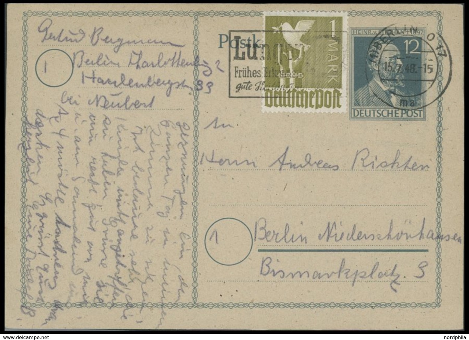 ALLIIERTE BES. 959,P 965ZP BRIEF, 15.7.1948, 1 M. Schwarzgraugelb Auf 12 Pf. Stephan Ganzsachenkarte, Stempel BERLIN O 1 - Other & Unclassified