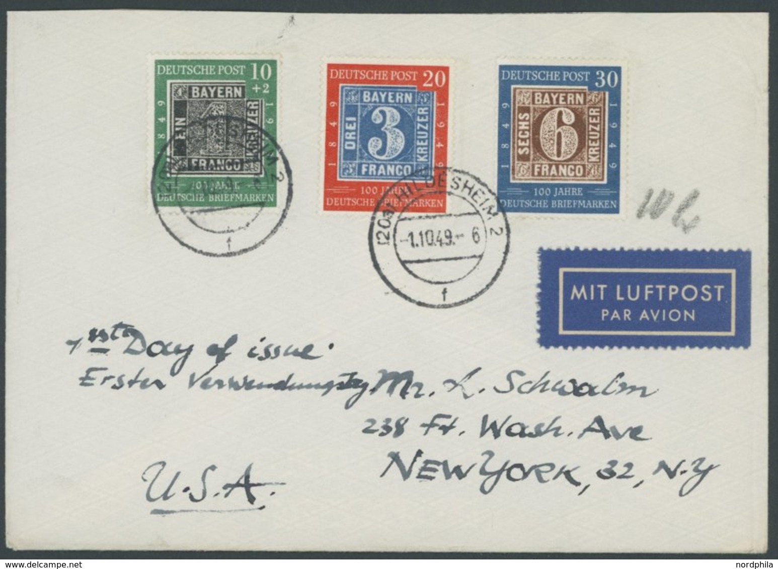 BUNDESREPUBLIK 113-15 BRIEF, 1949, 100 Jahre Briefmarken Auf Luftpostbrief In Die USA, Pracht - Used Stamps