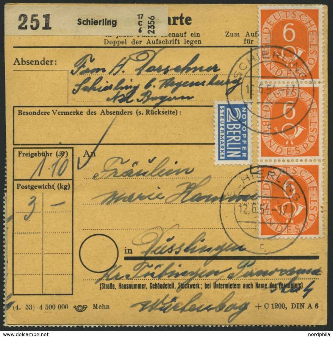 BUNDESREPUBLIK 123,127 BRIEF, 1954, 8 Pf. Posthorn Im Achterblock (Zähnung Teils Angestoßen Da über Den Rand Geklebt) Un - Gebraucht