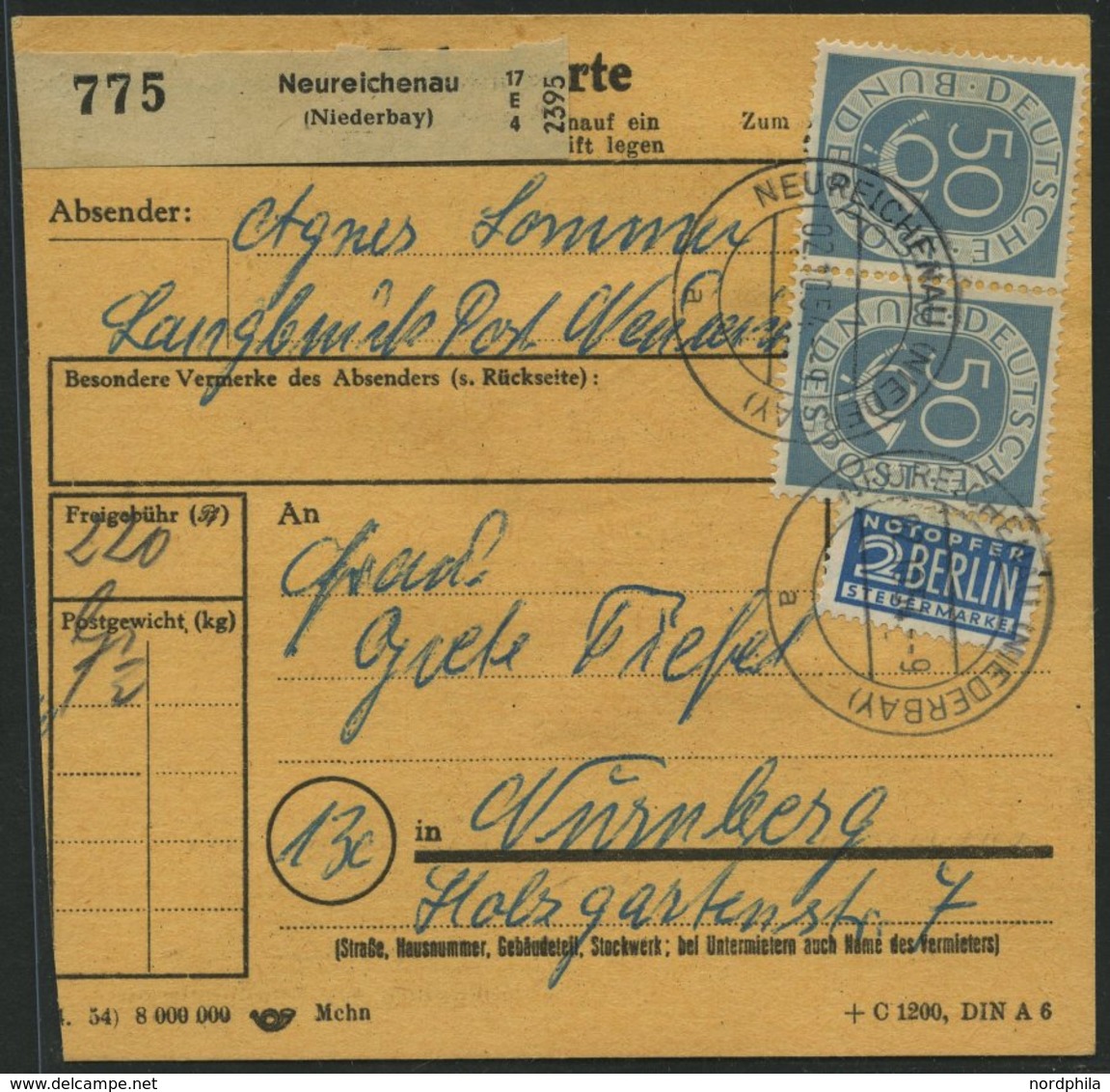 BUNDESREPUBLIK 134 Paar BRIEF, 1954, 50 Pf. Posthorn, 2 Waagerechte Paare (vorder- Und Rückseitig) Mit 20 Pf. Zusatzfran - Used Stamps
